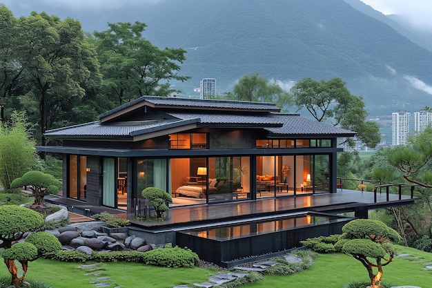 Moderne huisje in Japanse stijl met grote ramen minimalistisch tuin landschapsontwerp natuursteen berg achtergrond
