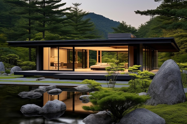 Moderne huisje in Japanse stijl met grote ramen minimalistisch tuin landschapsontwerp natuursteen berg achtergrond