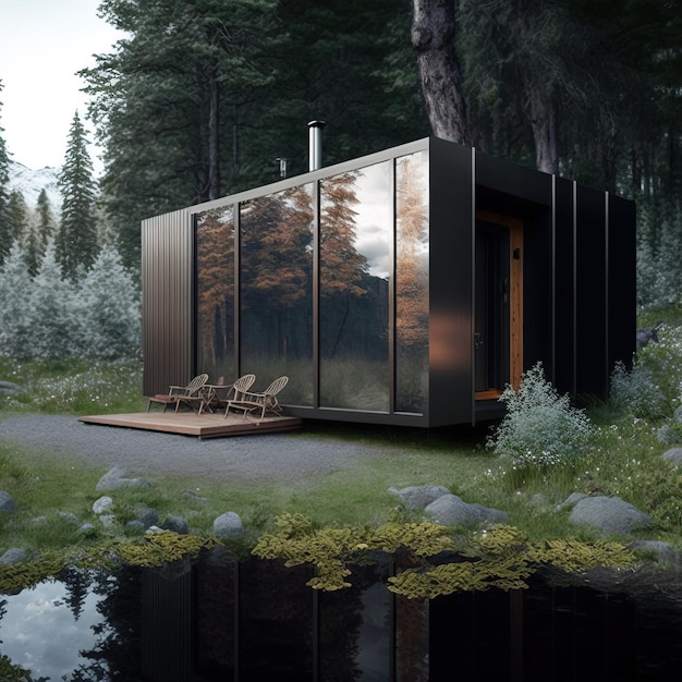 moderne hut in minimalistische stijl in het vrijmaken van wildernisgebied AI generatief