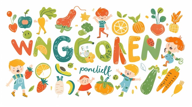 Moderne illustratie van een veganistisch leven Leuke kinderen die spelen met het veganistische levensalfabet Iconen van fruit en groenten