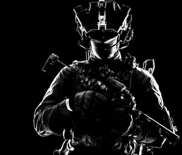 Moderne infanterie soldaat speciale operaties troepen tactische groep shooter gewapend machinepistool met geluiddemper uitgerust radioheadset en quadtube nachtzichtapparaat staande in het donker onverzadigd