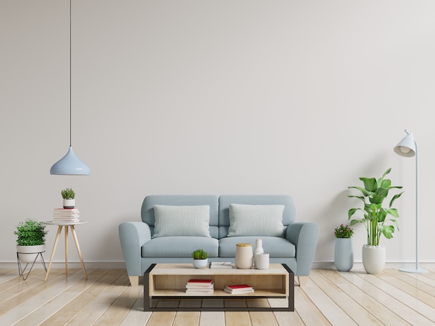 Moderne interieur kamer met planten en bank in houten tafel.