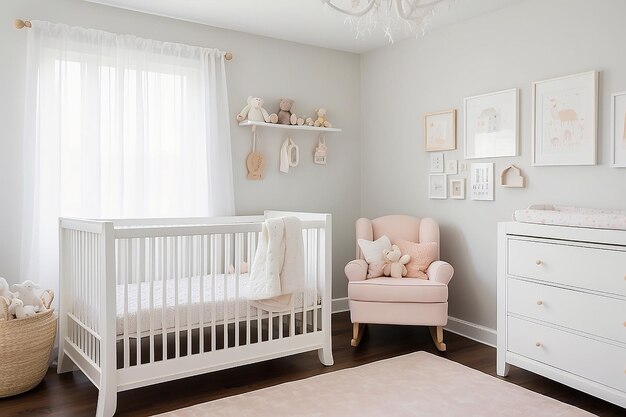 Moderne interieur van de babykamer met wieg en schommelstoel