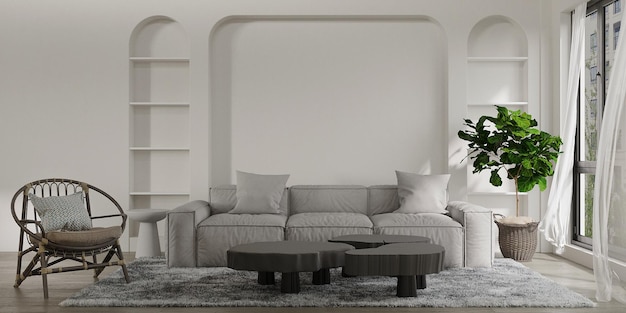 Foto moderne interieur van de woonkamer met witte bank decoratie op beige tegel kleur muur achtergrond