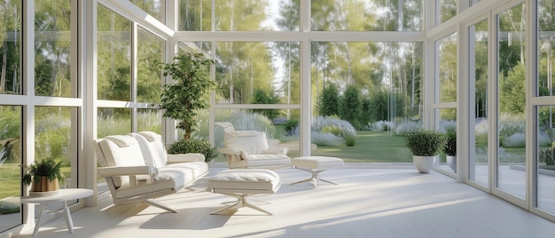 Moderne interieur van de zonnebank met een rustig uitzicht op de natuur