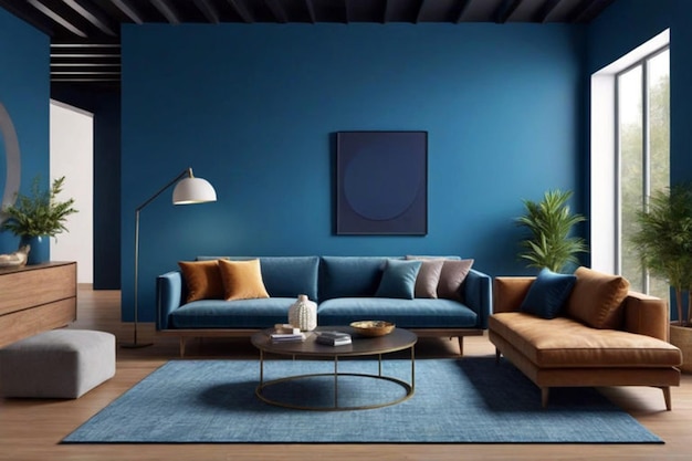 Moderne interieur van woonkamer met bank en blauw concept 3d rendering