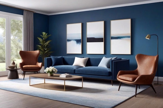 Foto moderne interieur van woonkamer met bank en blauw concept 3d rendering