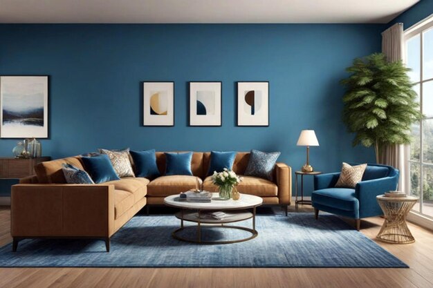 Moderne interieur van woonkamer met bank en blauw concept 3d rendering