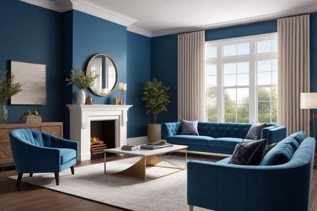 Moderne interieur van woonkamer met bank en blauw concept 3d rendering