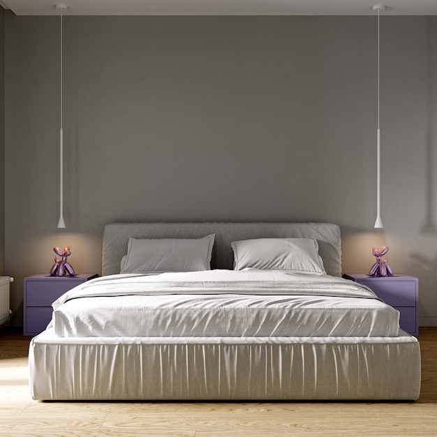 Moderne interieur witte slaapkamer met paarse nachtkastjes