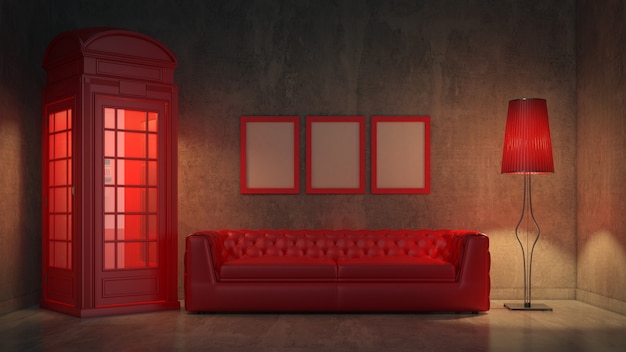 Foto moderne interieurkamer 3d met mooie meubels in british phone booth in londen