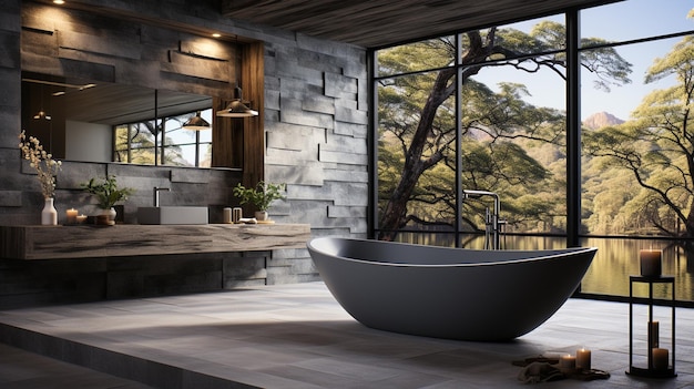 moderne interieurontwerp badkamer met houten badkuip en houten raam