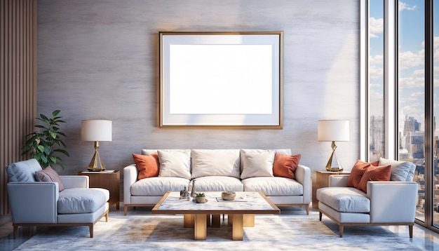 Moderne interieurontwerp van de woonkamer met sofa, koffietafel en parketvloer met elegant fotoram