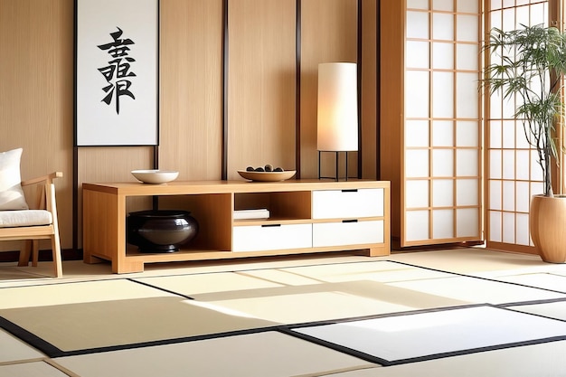 Moderne Japanse interieur met houten accenten en gezellige omgevingsverlichting