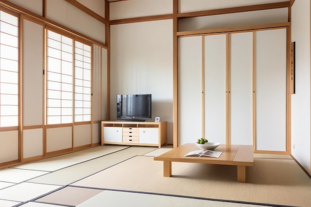 Moderne Japanse interieur met houten accenten en gezellige omgevingsverlichting