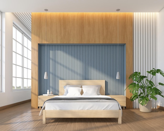 Moderne Japanse slaapkamer met minimalistisch bed en bijzettafel lattenwand en houten wand 3D-rendering