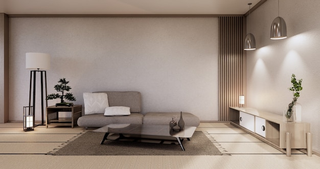 Moderne Japanse woonkamer interieur, bank en kast tafel op kamer witte muur background.3D rendering