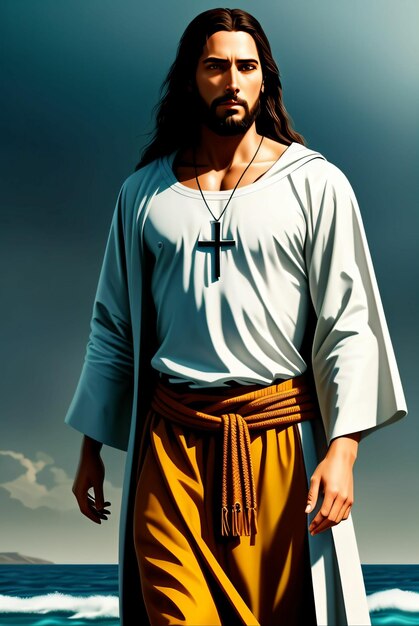 Moderne Jezus Christus in realistische kunst met levendige kleuren in witte kleren generatieve ai Premium AI gegenereerde afbeelding