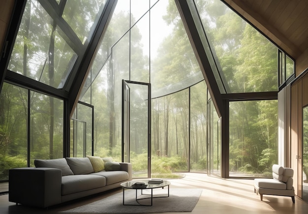 Moderne kamer in een huis omringd door bos