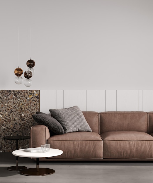 Moderne kamer interieur achtergrond met beige muur en stijlvolle bruine bank zwart licht muur mockup 3d rendring