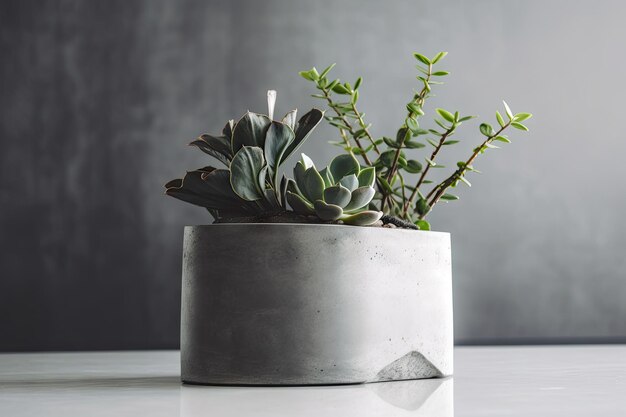 Moderne kamerplant op strakke minimalistische betonnen pot met een enkel natuurlijk element