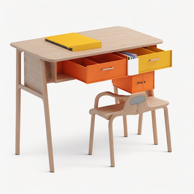 Foto moderne kantoor bureau met oranje stoel en boekenplank geïsoleerd op witte achtergrond ai gegenereerd