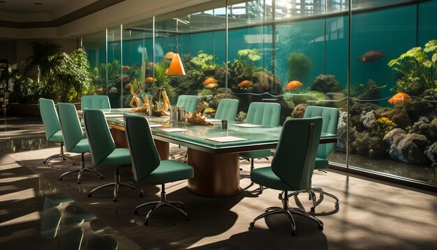 Moderne kantoor met elegant decor, comfortabele stoelen en groene planten gegenereerd door AI