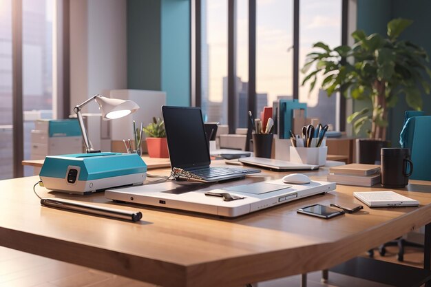 Foto moderne kantoorapparatuur op een houten tafel binnen