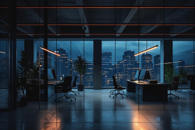 Moderne kantoordesk met de skyline van de stad's nachts met AI gegenereerd