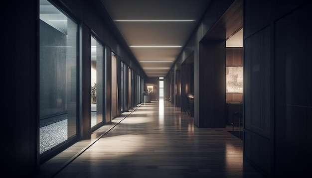 Moderne kantoorgang met heldere verlichting en futuristische glasreflectie gegenereerd door kunstmatige intelligentie
