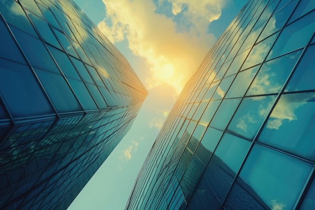 Moderne kantoorgebouw of zakencentrum Hoge venstergebouwen van glas weerspiegelen de wolken en het zonlicht Leeg straat buiten de muur Moderniteit beschaving groeiende zaken