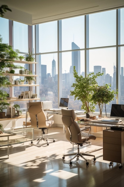 Foto moderne kantoorinterieur met uitzicht op de stad