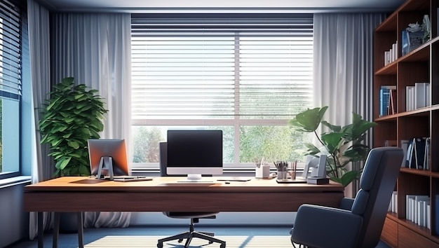 Moderne kantoorinterieurontwerp met bureaublad, tafelstoel en groot raam met gordijnen