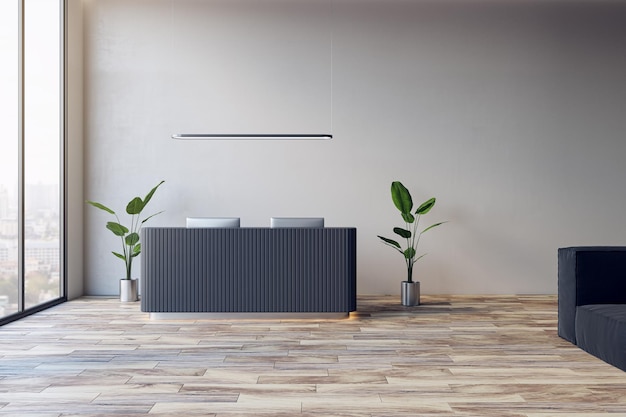 Moderne kantoorlobby met receptieraam met houten vloeren met uitzicht op de stad en verschillende objecten 3D Rendering