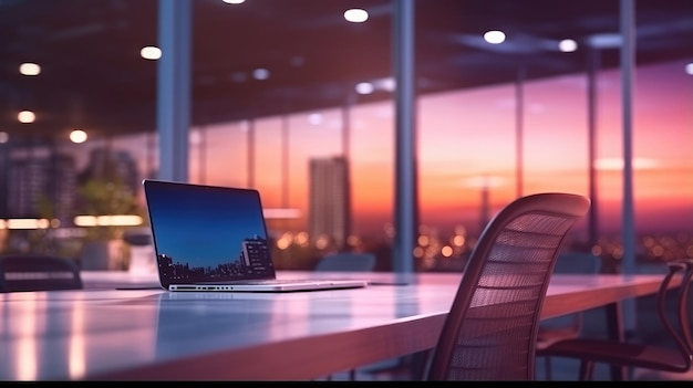 Moderne kantoorruimte bij zonsondergang met laptop