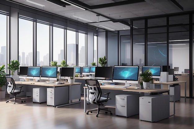 Moderne kantoorruimte met bureaubladen met moderne computers gemaakt met generatieve AI-technologie