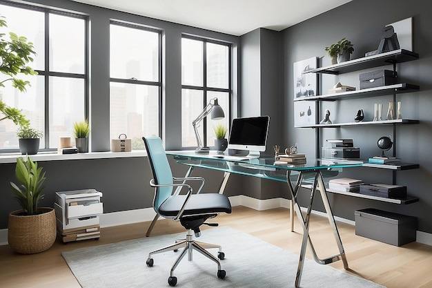 Moderne kantoorruimte met een glazen bureau en een ergonomische stoel