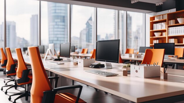 Moderne kantoorruimte met elegante meubels en uitzicht op de stad voor een productieve sfeer tijdens de werkdag