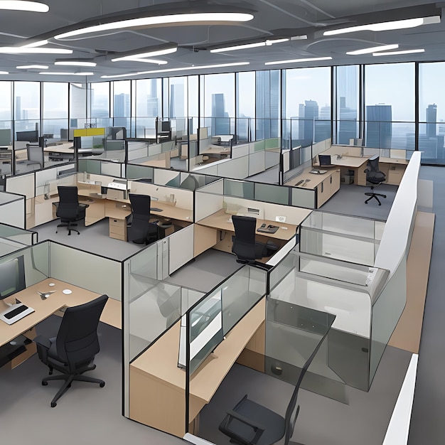 Moderne kantoorruimte met strakke glazen wanden ergonomische werkplekken generatieve AI
