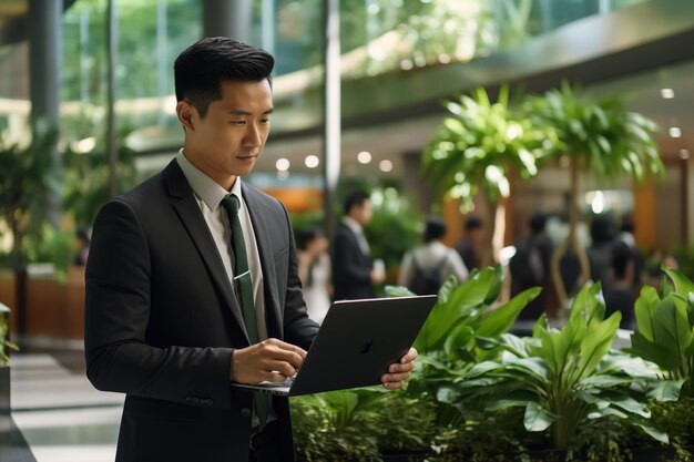 Moderne kantoorzakenman die op de computer werkt Portret van een succesvolle Latijnse IT-software-ingenieur die op een laptop aan zijn bureau werkt Diverse werkplek met professionals Vooraanzicht shot