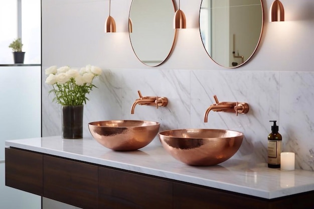 Moderne keramische gootsteen met koperen kranen met spiegel in licht moderne badkamer met witte marmeren tegels
