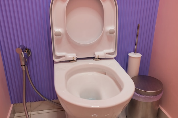 Moderne keramische toiletpot in de buurt van kleur muur in toilet.