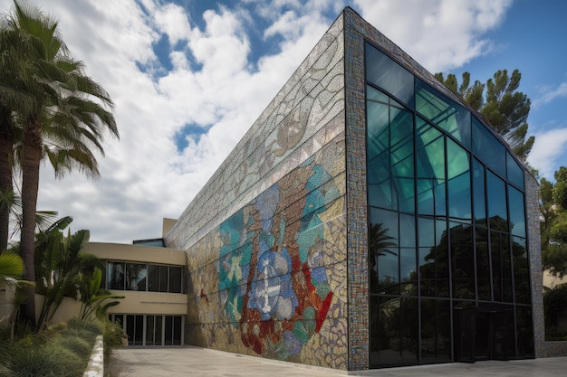 Moderne kerk met mozaïek- en glas-in-loodkunstwerken op de buitenmuren gemaakt met generatieve AI