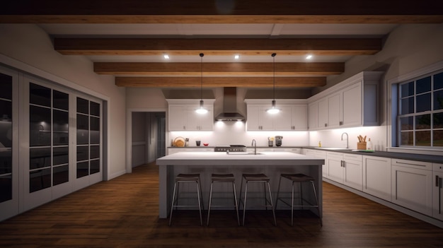 Moderne keuken in huis lichte wanden houten vloeren eiland eettafel