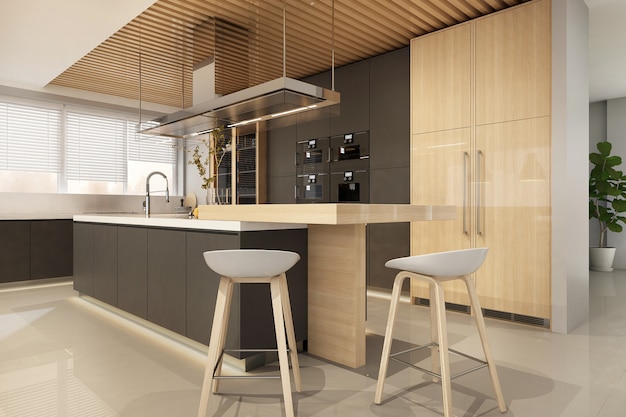 Moderne keuken in zwarte kleurstelling met houten plafond.