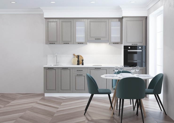 Foto moderne keuken interieur. 3d-weergave.
