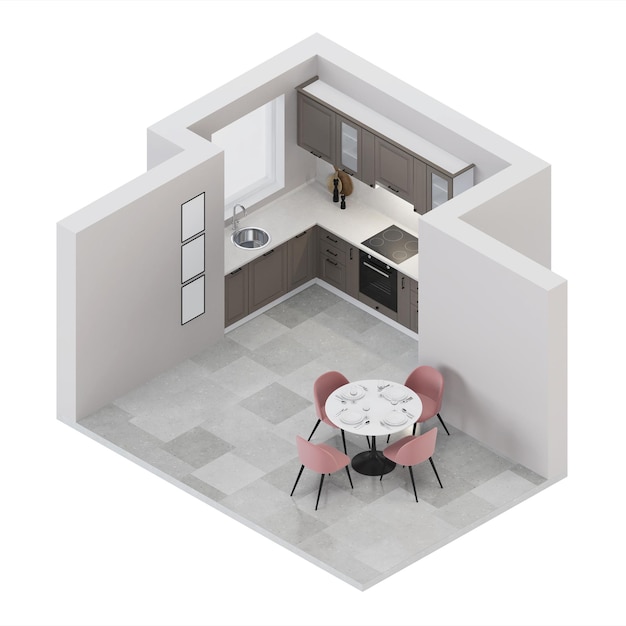 Moderne keuken interieur. Interieur in orthogonale projectie. Uitzicht van boven. 3D-weergave.