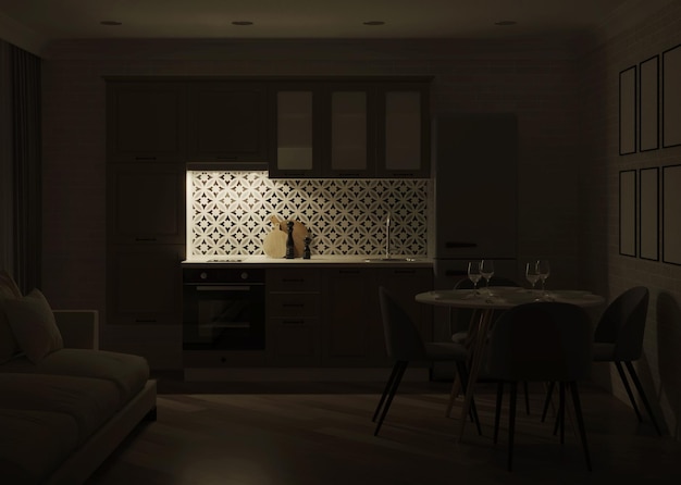 Moderne keuken interieur. Nacht. Avond verlichting. 3D-weergave.