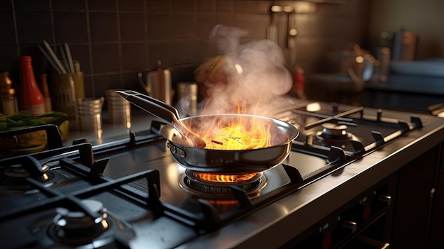 Moderne keuken Koken bereiden maaltijden voor op de kachel in de keuken van het restaurant Generatieve AI