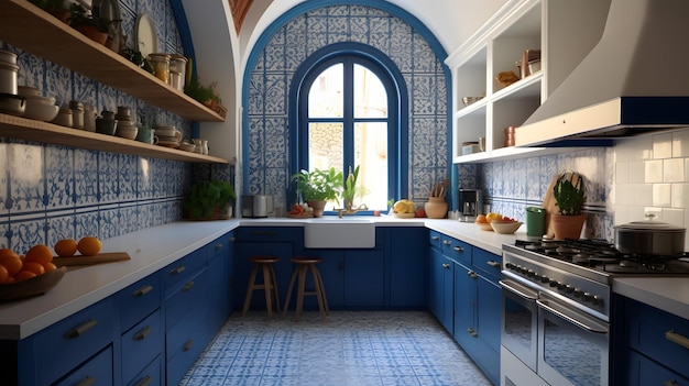 Moderne Keuken met Blauwe Kabinetten en Witte Teller Stock Afbeelding voor Binnenlands Ontwerp